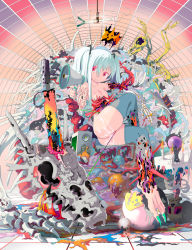 1girl anophelus aqua_hair breasts creepy cum cum_in_pussy food hatsune_miku horror_(theme) ice_cream crossed_legs long_hair looking_at_viewer megaphone melting pussy red_eyes sitting small_breasts smile solo speaker torakou_(anofelus) twintails vocaloid