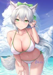Rule 34 | 1girl, animal ear fluff, animal ears, armpit crease, bare arms, bare shoulders, bikini, bird, blue sky, blush, borrowed character, bow, breasts, buran (22x), cleavage, closed mouth, cloud, collarbone, commission, cowboy shot, day, fox ears, fox girl, fox tail, green bow, green eyes, green ribbon, grey hair, hair bow, halterneck, hand in own hair, hand on own thigh, hands up, highres, large breasts, leaning forward, long hair, looking at viewer, navel, ocean, original, outdoors, ponytail, ribbon, side-tie bikini bottom, skeb commission, sky, slit pupils, smile, solo, standing, stomach, string bikini, swimsuit, tail, thighs, very long hair, water, wet, white bikini, white hair, wristband