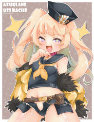 Rule 34 | + +, 1girl, :3, :d, anchor symbol, azur lane, bache (azur lane), bare shoulders, belt, black hat, black sailor collar, black shirt, blonde hair, blunt bangs, blush, breasts, brown background, brown belt, character name, clothes writing, collar, commentary request, copyright name, covered erect nipples, cowboy shot, crop top, cutoffs, denim, denim shorts, dollar sign, eyebrows hidden by hair, fang, fur-trimmed jacket, fur trim, gluteal fold, hat, highres, jacket, long hair, looking at viewer, micro shorts, midriff, navel, off-shoulder jacket, off shoulder, open fly, open mouth, pink collar, purple eyes, pussy, pussy peek, saekiya sabou, sailor collar, sailor hat, shirt, shorts, sidelocks, sleeveless, sleeveless shirt, small breasts, smile, solo, standing, twitter username, two side up, yellow jacket