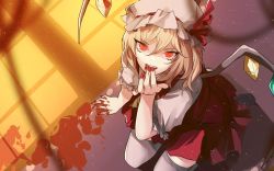 Rule 34 | 1girl, blonde hair, blood, crystal, eredhen, fang, flandre scarlet, hat, hat ribbon, kneeling, light particles, looking at viewer, md5 mismatch, mob cap, nail polish, open mouth, puffy sleeves, red eyes, resized, resolution mismatch, ribbon, shirt, short sleeves, side ponytail, skirt, skirt set, smile, solo, source larger, thighhighs, touhou, vest, wings, zettai ryouiki