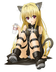 Rule 34 | 00s, 1girl, :p, absurdres, animal ears, blonde hair, boots, cat ears, cat girl, cat tail, duplicate, female focus, highres, konjiki no yami, long hair, milk, panties, pantyshot, red eyes, simple background, sitting, skirt, solo, tail, thigh strap, to love-ru, tongue, tongue out, toshi (anime coloring), underwear, upskirt, white panties