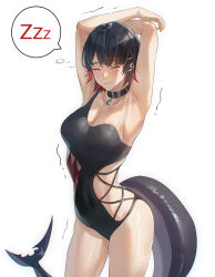 Rule 34 | 1girl, armpits, arms up, black choker, black hair, black one-piece swimsuit, blush, breasts, choker, closed eyes, closed mouth, colored inner hair, commentary, ellen joe, fins, fish tail, highres, medium breasts, multicolored hair, one-piece swimsuit, red hair, shark girl, shark tail, short hair, simple background, solo, spoken zzz, stretching, swimsuit, symbol-only commentary, tail, tight (ohmygod), white background, zenless zone zero, zzz