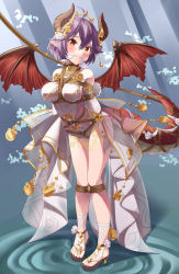 Rule 34 | bare legs, bare shoulders, bdsm, bondage, bound, breasts, brown wings, dragon girl, dragon horns, dragon tail, dragon wings, dress, full body, gag, gold, granblue fantasy, grea (shingeki no bahamut), high heels, highres, horns, large breasts, leaning forward, looking at viewer, manaria friends, mukanata, pointy ears, purple hair, red eyes, restrained, shingeki no bahamut, short hair, showgirl skirt, sideboob, sideless outfit, tail, tied breast, toes, wings
