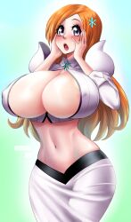Rule 34 | 1girl, absurdres, bleach, blue background, blush, border, breasts, cleavage, cleavage cutout, clothing cutout, covered erect nipples, cowboy shot, embarrassed, evil-dei, gradient background, green background, highres, huge breasts, inoue orihime, long hair, long sleeves, looking at viewer, midriff, navel, open mouth, orange hair, purple eyes, shoulder pads, skirt, solo, standing, teeth, tongue, upper teeth only, white border, white skirt