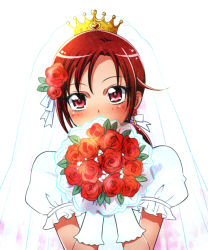 Rule 34 | 10s, 1girl, blush, bouquet, crown, dress, earrings, flower, gloves, gown, hair flower, hair ornament, heart, hino akane (smile precure!), jewelry, kagami chihiro, precure, puffy sleeves, red eyes, red flower, red hair, red rose, rose, short hair, simple background, smile precure!, solo, wedding dress, white background, white dress, white gloves