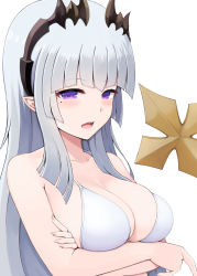 Rule 34 | 1girl, nanashi inc., absurdres, arms under breasts, bikini, blush, breasts, cleavage, crossed arms, grey hair, hair ornament, highres, honey strap, large breasts, long hair, looking at viewer, mole, mole under eye, open mouth, purple eyes, solo, sougetsu eli, swimsuit, temari rin, upper body, very long hair, virtual youtuber, white bikini