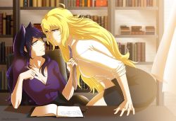 Rule 34 | 2girls, ahoge, alternate costume, animal ears, arm support, black hair, black skirt, blake belladonna, blonde hair, blue neckwear, book, bookshelf, breasts, cat ears, chair, cleavage, closed mouth, collared shirt, couple, curtains, day, eye contact, female focus, hair between eyes, hands up, holding, holding pen, imminent kiss, indoors, interspecies, leaning, leaning forward, long hair, looking at another, medium breasts, multiple girls, neck, necktie, necktie grab, neckwear grab, office, office lady, open book, pen, pencil skirt, pulling, purple eyes, purple shirt, rwby, shirt, sitting, sitting on table, skirt, smile, table, upper body, white shirt, writing, yang xiao long, yaya (y8ay8a), yellow eyes, yuri