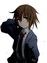 Rule 34 | 10s, 1girl, 2016, 4suke, arm up, artist name, black jacket, blazer, brown eyes, brown hair, collared shirt, dated, frown, hair between eyes, jacket, kantai collection, long sleeves, looking at viewer, matching hair/eyes, necktie, open clothes, open jacket, red necktie, shirt, short hair, simple background, solo, upper body, wakaba (kancolle), white background, white shirt