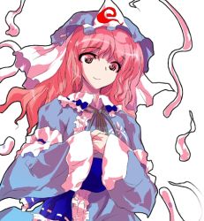 Rule 34 | 1girl, alphes, ghost, hat, long hair, long sleeves, lowres, official art, pink eyes, pink hair, saigyouji yuyuko, scarlet weather rhapsody, smile, solo, touhou, transparent background, wide sleeves