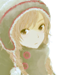 Rule 34 | 1girl, bad id, bad pixiv id, blonde hair, braid, buttons, drawr, earflap hat, expressionless, hat, hat pompom, long hair, looking at viewer, oekaki, original, pom pom (clothes), portrait, simple background, solo, teti, twin braids, white background, winter clothes, yellow eyes