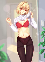 Rule 34 | 1girl, :d, antenna hair, arcueid brunestud, black pantyhose, blonde hair, blurry, blurry background, blurry foreground, bra, breasts, cleavage, clothes lift, hair between eyes, head tilt, highres, indoors, iro (sekaixiro), lifting own clothes, looking at viewer, medium breasts, medium hair, midriff, navel, open mouth, panties, panties under pantyhose, pantyhose, red bra, red eyes, shiny skin, single hair intake, smile, solo, sparkle, stomach, sweater, sweater lift, thigh gap, thighband pantyhose, tsukihime, turtleneck, turtleneck sweater, underwear, white sweater