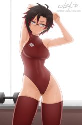 Rule 34 | 1girl, armpits, artist name, bare shoulders, black hair, breasts, covered navel, cslucaris, glasses, leotard, looking to the side, medium breasts, multicolored hair, red hair, red leotard, ruby rose, rwby, short hair, grey eyes, sleeveless, solo, stretching, sweat, thighhighs, thighs