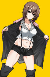 Rule 34 | 1girl, :o, black footwear, black gloves, black shorts, blush, boots, breasts, brown eyes, brown hair, cleavage, coat, colored skin, commentary request, fingerless gloves, girls und panzer, gloves, highres, insignia, jewelry, looking at viewer, medium breasts, midriff, navel, navel piercing, necklace, nishizumi maho, open clothes, open coat, open mouth, opened by self, piercing, pink coat, saitou gabio, shirt, short hair, short shorts, shorts, simple background, sleeveless, sleeveless shirt, solo, standing, suspender shorts, suspenders, sweat, thigh boots, thighhighs, white skin, yellow background