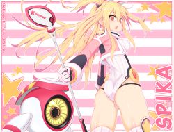 Rule 34 | 1girl, ass, blonde hair, breasts, cropped jacket, earrings, from behind, gloves, golf club, hair ornament, jacket, jewelry, leotard, long hair, looking at viewer, looking back, nekosaki, open mouth, pangya, robot, skin tight, solo, spika (pangya), thighhighs, white thighhighs, yellow eyes