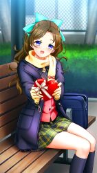 Rule 34 | 1girl, :d, bag, bench, black socks, blue bow, blue coat, blue eyes, bow, box, brown hair, coat, day, doukyuusei another world, game cg, gloves, green skirt, hair bow, hair intakes, heart-shaped box, holding, holding box, kakyuusei 2, long hair, looking at viewer, miniskirt, open clothes, open coat, open mouth, outdoors, plaid, plaid skirt, pleated skirt, red vest, scarf, school bag, shirai yuuri, sitting, skirt, smile, socks, solo, sparkle, vest, yellow gloves, yellow scarf