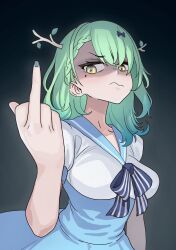 Rule 34 | 1girl, antlers, blush, braid, braided bangs, ceres fauna, green hair, hair ornament, highres, hololive, hololive english, horns, idol clothes, long hair, looking at viewer, middle finger, mole, mole under eye, shaded face, solo, virtual youtuber, yellow eyes, zedd (zedgawr)