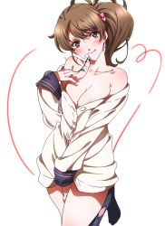 Rule 34 | 10s, 1girl, argyle, argyle clothes, argyle legwear, bare shoulders, blush, breasts, brothers conflict, brown eyes, brown hair, cleavage, highres, hinata ema, naked shirt, niko (tama), shirt, side ponytail, socks, solo