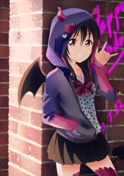 Rule 34 | 1girl, absurdres, artist name, artist request, black hair, black skirt, black wings, blush, bow, breasts, collarbone, demon horns, female focus, hair bow, heart, heart print, highres, hood, hood up, hooded jacket, horns, jacket, looking at viewer, love live!, love live! school idol festival, love live! school idol project, parted lips, pink neckwear, polka dot, polka dot shirt, purple jacket, purple legwear, red eyes, shirt, short hair, skirt, small breasts, smile, solo, striped, striped bow, twintails, white shirt, wings, yazawa nico, zakimpo