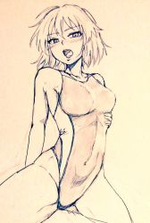 Rule 34 | 1girl, alternate costume, bare legs, blush, breasts, collarbone, commentary request, competition swimsuit, d-m (dii emu), eyelashes, greyscale, kazami yuuka, looking at viewer, medium breasts, monochrome, one-piece swimsuit, open mouth, short hair, swimsuit, touhou