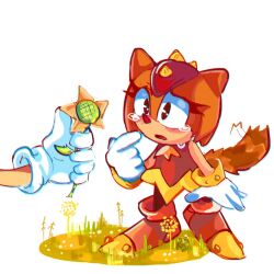 Rule 34 | 1girl, 1other, animal ears, animal nose, aoi (aoii91), crying, crying with eyes open, flower, furry, furry female, gloves, grass, holding, holding flower, lizard tail, on grass, sad, shoes, sonic (series), sonic superstars, sungazer lizard, tail, tears, trip the sungazer, white gloves