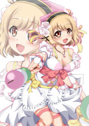 Rule 34 | 1girl, :d, apricot (flower knight girl), blonde hair, bow, breasts, brown eyes, cleavage, collarbone, dango, dress, flower, flower knight girl, food, hair flower, hair ornament, hairband, jewelry, kawamoto yutsuki, looking at viewer, necklace, open mouth, red bow, short hair, smile, solo, wagashi, waist bow, white dress, wrist cuffs, zoom layer