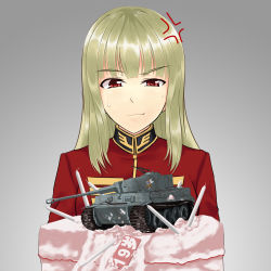 Rule 34 | 1girl, anger vein, artist request, birthday cake, blonde hair, breasts, cake, candle, caterpillar tracks, character request, commentary request, food, grey background, gun, gundam, long hair, looking down, machine gun, military, military uniform, military vehicle, motor vehicle, red eyes, sweatdrop, tank, tiger i, translation request, uniform, weapon