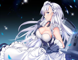 Rule 34 | 1girl, apron, arm guards, azur lane, belfast (azur lane), blue eyes, blurry, braid, breasts, broken, broken chain, chain, cleavage, collar, collarbone, corset, depth of field, dress, elbow gloves, french braid, frilled dress, frills, gloves, large breasts, long hair, looking at viewer, maid, maid apron, maid headdress, maru (sw1tch), purple eyes, silver hair, sleeveless, sleeveless dress, smile, solo, sparkle, upper body, very long hair, waist apron, white apron, white gloves