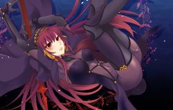Rule 34 | 1girl, bodysuit, breasts, covered navel, covered erect nipples, fate/grand order, fate (series), gae bolg (fate), large breasts, long hair, parted lips, polearm, purple bodysuit, purple hair, red eyes, scathach (fate), scathach (fate), solo, spear, terai arina, veil, weapon