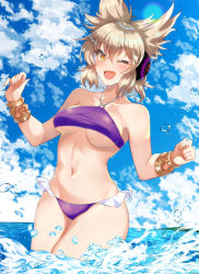 Rule 34 | 1girl, ;d, air bubble, bare arms, bare shoulders, bikini, blue sky, bracelet, breasts, bubble, cloud, day, hair between eyes, headphones, jewelry, kurokan (kokkyou oudan), lens flare, light brown hair, looking at viewer, medium breasts, medium hair, navel, one eye closed, open mouth, outdoors, pointy hair, purple bikini, sky, smile, solo, standing, stomach, strapless, summer, swimsuit, touhou, toyosatomimi no miko, water, yellow eyes