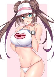 Rule 34 | 1girl, bare shoulders, blouse, blue eyes, blush, border, breasts, brown hair, collarbone, commentary request, creatures (company), crop top, double bun, game freak, hair between eyes, hair bun, hand on own chin, highres, large breasts, long hair, looking at viewer, navel, nintendo, open mouth, panties, pink background, pokemon, pokemon bw2, pokemon masters ex, rosa (pokemon), sankakusui, shirt, simple background, smile, solo, sparkle, stroking own chin, twintails, underwear, visor cap, watch, white border, white panties, white shirt, wristwatch