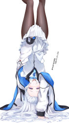 Rule 34 | 1girl, absurdres, black pantyhose, blue archive, blue necktie, blush, closed mouth, coat, collared shirt, commentary request, forehead, handstand, highres, jacket, long hair, long sleeves, looking at viewer, lycoris challenge (meme), meme, necktie, noa (blue archive), one arm handstand, pantyhose, puffy long sleeves, puffy sleeves, purple eyes, shirt, simple background, skirt, skirt hold, smile, solo, translation request, upside-down, very long hair, white background, white coat, white hair, white jacket, white shirt, white skirt, yoru0409