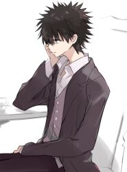 Rule 34 | 1boy, anninn do fu, black eyes, black hair, black jacket, buttons, closed mouth, collared shirt, commentary request, hand on own face, hand up, highres, jacket, kamijou touma, lapels, long sleeves, male focus, notched lapels, open clothes, open jacket, partial commentary, shirt, short hair, sitting, solo, toaru majutsu no index