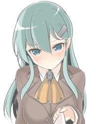 Rule 34 | 10s, 1girl, ascot, bad id, bad nicoseiga id, blazer, blush, breasts, commentary request, green eyes, green hair, hair ornament, hairclip, head tilt, jacket, kantai collection, large breasts, long hair, long sleeves, looking at viewer, masupa kiriu, matching hair/eyes, school uniform, simple background, solo, suzuya (kancolle), upper body, wavy mouth, white background