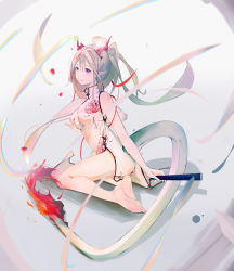Rule 34 | 1girl, absurdres, arknights, barefoot, blush, china dress, chinese clothes, dragon tail, dress, fan, feet, highres, horns, long hair, nian (arknights), pointy ears, purple eyes, soles, tail, toes, white hair