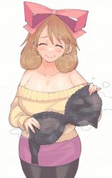 Rule 34 | 1girl, bare shoulders, breasts, brown hair, character request, cleavage, closed eyes, huge breasts, inkerton-kun, mature female, removing bra, ribbon, smile, solo, steam