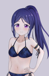 Rule 34 | awaomi, bare shoulders, blue hair, highres, long hair, looking at viewer, love live!, love live! sunshine!!, matsuura kanan, ponytail, purple eyes, simple background, smile, swimsuit