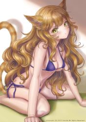 Rule 34 | 1girl, :&lt;, animal ears, barefoot, bikini, blonde hair, breasts, cat ears, cat girl, cleavage, closed mouth, covered erect nipples, highres, hou no ka, large breasts, long hair, looking at viewer, navel, original, sitting, solo, swimsuit, tail, tail raised, underboob, wariza, yellow eyes, yellow tail