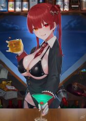 Rule 34 | 1girl, absurdres, alcohol, antique firearm, bad id, bad twitter id, bar (place), between breasts, bikini, black bikini, black shirt, bottle, breasts, cocktail glass, coin, collared shirt, counter, cup, dokuro-kun (houshou marine), drinking glass, firearm, firelock, flintlock, glint, gold coin, grin, gun, heterochromia, highres, holding, holding cup, hololive, houshou marine, large breasts, liquor, long sleeves, necktie, necktie between breasts, open clothes, open shirt, orange eyes, red eyes, red hair, red necktie, rushian, shirt, skull cup, smile, solo, swimsuit, treasure chest, twintails, virtual youtuber, weapon