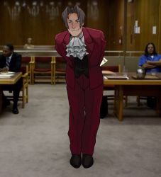 Rule 34 | 1girl, 3boys, ace attorney, arms behind back, ascot, black vest, brown hair, formal, full body, highres, holding, holding paper, indoors, karina mata, leaning forward, long sleeves, looking at viewer, male focus, meme, miles edgeworth, multiple boys, pants, paper, parody request, parted bangs, photo background, red pants, red suit, shoes, short hair, smile, smug, solo focus, suit, vest