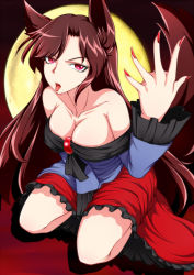 Rule 34 | 1girl, animal ears, bare shoulders, breasts, brown hair, cleavage, collarbone, deviantart thumbnail, dress, fingernails, full moon, highres, imaizumi kagerou, jewelry, large breasts, long fingernails, long hair, looking at viewer, moon, open mouth, red eyes, sitting, solo, tongue, tongue out, touhou, wolf ears