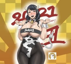 Rule 34 | 1girl, 2021, animal print, bell, black hair, black pantyhose, blush, breasts, brown eyes, chinese zodiac, cleavage, cow horns, cow print, cow tail, curvy, hands up, highres, horns, huge breasts, large breasts, long hair, neck bell, open mouth, original, pantyhose, print leotard, shibusun, signature, smile, solo, tail, thick thighs, thighs, wrist cuffs, year of the ox