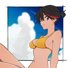 Rule 34 | 1girl, 320 (romsen), alternate hairstyle, bad id, bad twitter id, bikini, black border, black hair, blue eyes, blue sky, blurry, blurry background, border, braid, breasts, closed mouth, cloud, cloudy sky, commentary, crown braid, day, depth of field, hair up, kill la kill, looking at viewer, matoi ryuuko, medium breasts, multicolored hair, navel, outside border, short ponytail, sitting, sky, smile, solo, streaked hair, swimsuit, symbol-only commentary, two-tone hair, yellow bikini