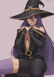Rule 34 | 1girl, bare shoulders, breasts, cleavage, goblin slayer!, hat, highres, large breasts, long hair, purple hair, thighhighs, witch (goblin slayer!), witch hat