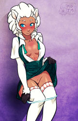Rule 34 | 1girl, animal ears, blue eyes, blush, checkered clothes, checkered skirt, clothes lift, cowboy shot, dark-skinned female, dark skin, fur, my pet tentacle monster, no bra, open clothes, open shirt, panties, panty pull, purple background, sheep girl, shirt, short hair, simple background, skirt, skirt lift, solo, thighhighs, underwear, undressing, white hair, white thighhighs