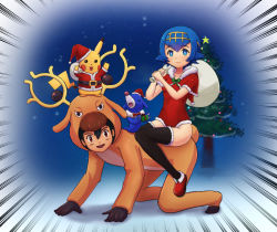 Rule 34 | 1boy, 1girl, absurdres, animal costume, antlers, ash ketchum, black hair, blue hair, bright pupils, christmas, christmas ornaments, christmas tree, clothed pokemon, cosplay, creatures (company), fuhikari, game freak, gen 1 pokemon, gen 2 pokemon, gen 7 pokemon, headgear, highres, horns, lana (pokemon), looking at viewer, nintendo, open mouth, pikachu, pokemon, pokemon (anime), pokemon sm, pokemon sm (anime), popplio, reindeer antlers, reindeer costume, sack, santa costume, short sleeves, sitting, sitting on person, stantler, swimsuit