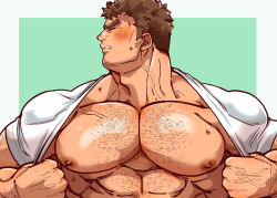 Rule 34 | 1boy, abs, alternate pectoral size, bara, bare pectorals, blush, chest hair, clothes lift, dark-skinned male, dark skin, embarrassed, facial hair, forked eyebrows, goatee, highres, takabushi kengo, kizami nori to yamaimo, large pectorals, looking away, male focus, mature male, muscular, muscular male, nipples, pectoral focus, pectorals, shirt, shirt behind neck, shirt lift, short hair, sideburns, solo, thick eyebrows, tokyo houkago summoners, upper body, white shirt