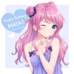 Rule 34 | 1girl, ;), aikatsu! (series), aikatsu friends!, bad id, bad pixiv id, bare arms, bare shoulders, blue background, blue dress, blue eyes, blush, bow, character name, chono maika, closed mouth, commentary request, dated, dress, hair bun, hand up, happy birthday, heart, index finger raised, long hair, one eye closed, pink hair, purple bow, side bun, single hair bun, single side bun, sleeveless, sleeveless dress, smile, solo, twitter username, two-tone background, upper body, white background, yumoran