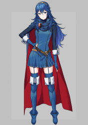 Rule 34 | 1girl, adapted costume, ameno (a meno0), belt, blue dress, blue eyes, blue thighhighs, boots, brown belt, cape, dress, elbow gloves, fingerless gloves, fire emblem, fire emblem awakening, garter straps, gloves, hairband, hand on own hip, highres, knee boots, long hair, lucina (fire emblem), nintendo, pleated skirt, short dress, skirt, solo, thighhighs, thighs, tiara, two-sided cape, two-sided fabric, zettai ryouiki