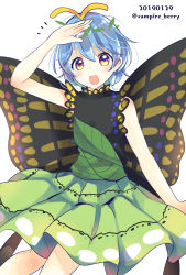 Rule 34 | 1girl, antennae, aqua hair, blush, butterfly wings, dated, dress, eternity larva, fairy, green dress, hair between eyes, highres, insect wings, leaf, leaf on head, multicolored clothes, multicolored dress, open mouth, ougi hina, short hair, simple background, single strap, smile, solo, touhou, twitter username, white background, wings, yellow eyes