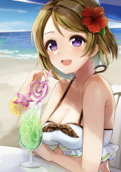 Rule 34 | 1girl, :d, absurdres, beach, beach umbrella, bikini, blush, breasts, brown hair, cleavage, commentary, crazy straw, cup, drinking straw, flower, hair flower, hair ornament, highres, koizumi hanayo, looking at viewer, love live!, love live! school idol project, medium breasts, ocean, open mouth, purple eyes, short hair, smile, solo, swimsuit, symbol-only commentary, umbrella, white bikini, yoshinon (yoshinon kotori)